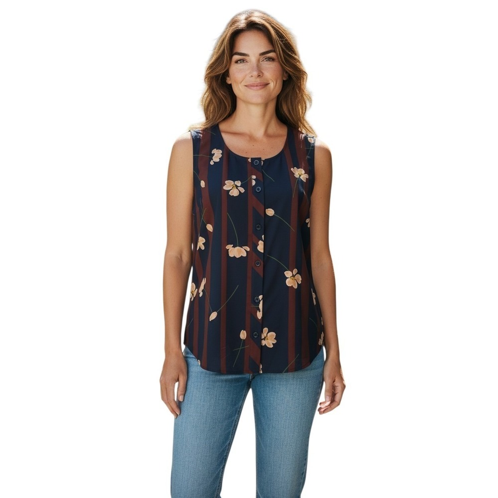 Cabi Sleeveless Top Women's Small Navy Brown Floral Stripe Button Front Tank